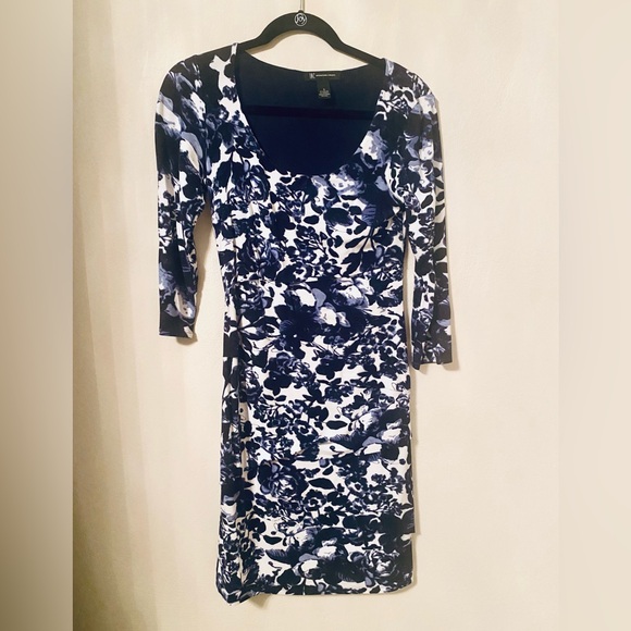 INC International Concepts Blue and White Bodycon Dress with Cuffed 3/4 Sleeves - Picture 2 of 3